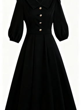 【专柜大上新】珩绣秋季新款泡泡袖v领黑色连衣裙X-T53LQC3069