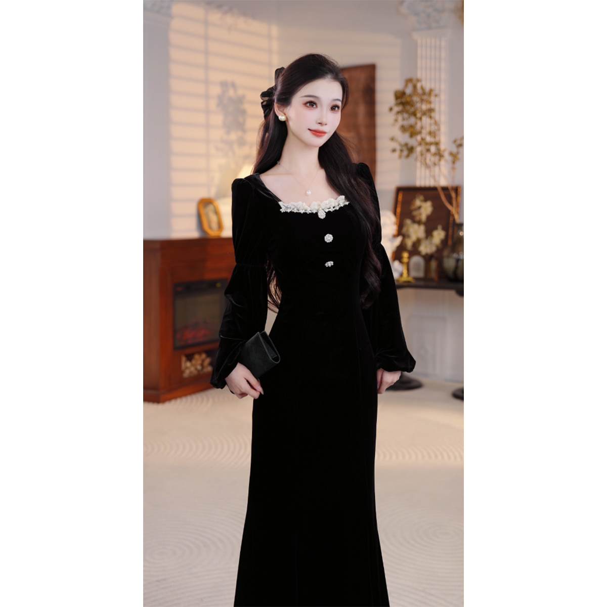 【爆米花粉丝专享】珩绣秋季复古温婉丝绒显瘦长袖连衣裙3113