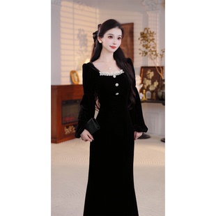 复古温婉丝绒显瘦长袖 珩绣秋季 连衣裙3113 爆米花粉丝专享