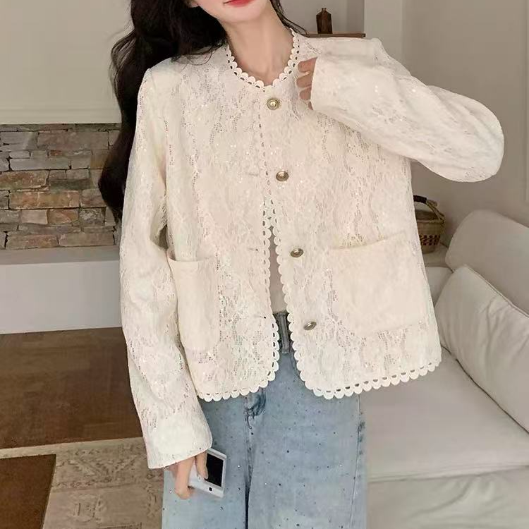 【爆米花专享】2025秋女法式赫本风米色粗花时尚蕾丝外套X880686