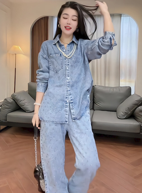新款蓝色烫钻宽松显瘦牛仔衬衫阔腿裤时尚套装女港风休闲两件套潮