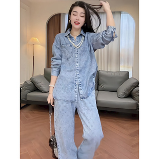 新款蓝色烫钻宽松显瘦牛仔衬衫阔腿裤时尚套装女港风休闲两件套潮