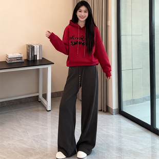 套装 时尚 潮流慵懒设计感字母印花细闪抽绳连帽卫衣高腰直筒休闲裤