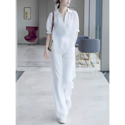 气质衬衫亚麻阔腿裤春夏两件套女
