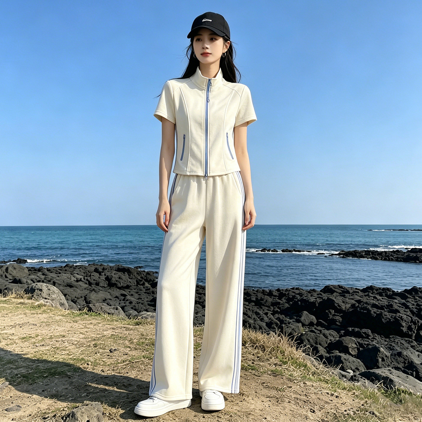 夏季时尚条纹拼色休闲运动套装女