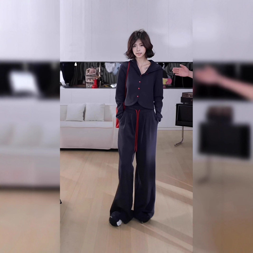 运动休闲时尚长袖针织开衫高腰阔腿休闲裤垂感舒适小个子通勤套装