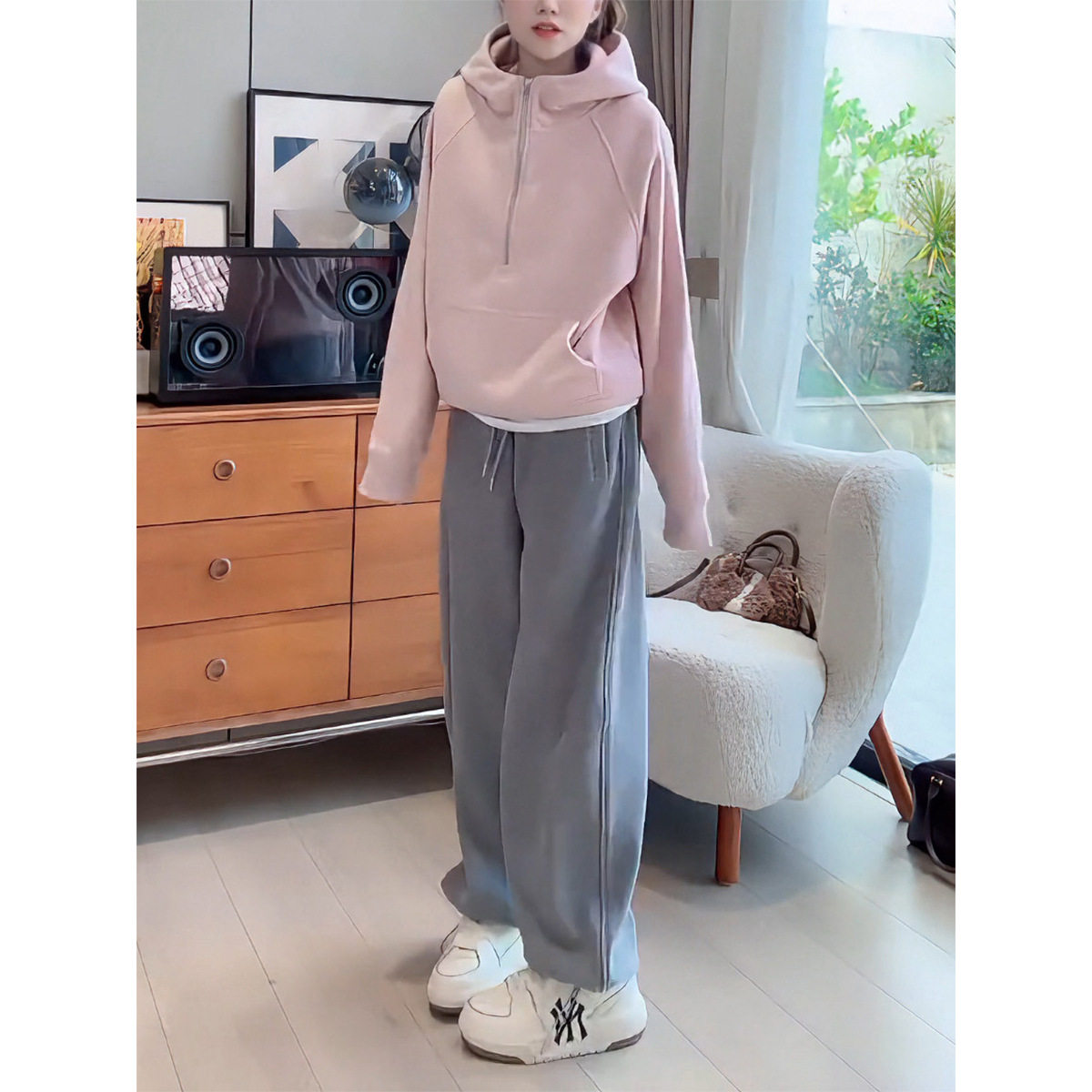 宽松减龄洋气纯色百搭半拉链连帽卫衣高腰阔腿长裤休闲气质套装女