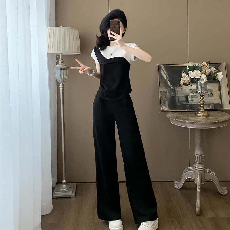 时尚休闲运动套装女夏季收腰显瘦高级感撞色拼接短袖阔腿裤两件套