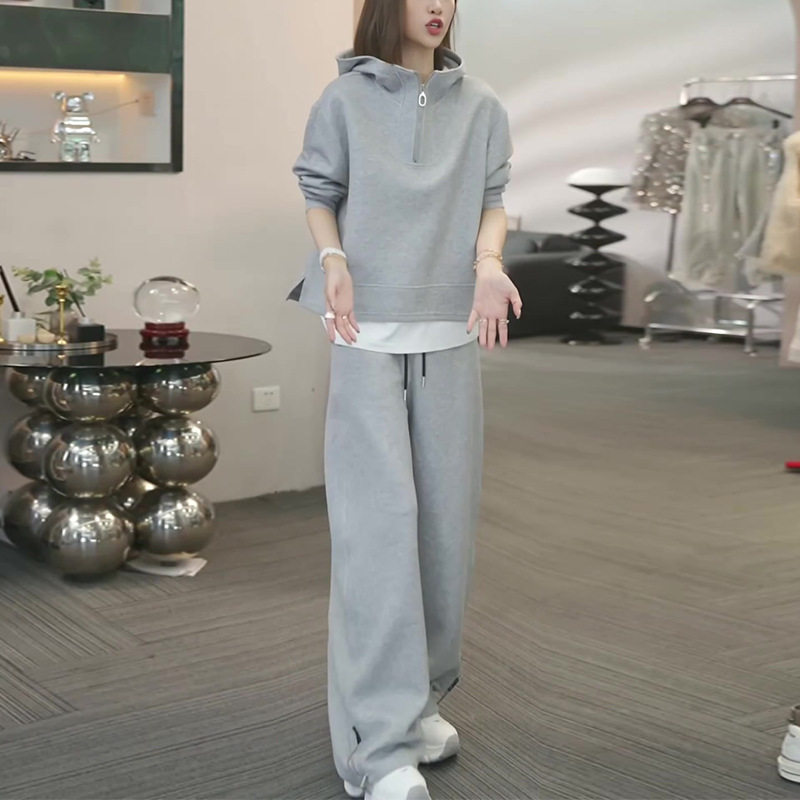 假两件时尚减龄半拉链连帽卫衣高腰抽绳阔腿裤休闲运动气质套装女