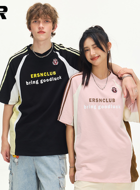 ER三条杠条纹短袖T恤男2025新款夏美式潮牌小众设计感情侣赛车服