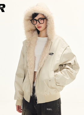 ER座山雕工装外套潮牌冬季连帽毛毛加厚夹克美式宽松情侣上衣