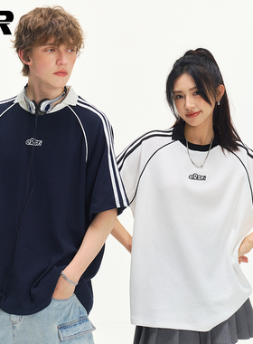 ER撞色三条杠2025夏季新款美式潮牌宽松休闲圆领短袖T恤男女同款