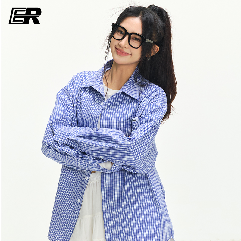 ER复古格子衬衫2025夏季新款美式潮牌学生情侣长袖衬衣男女同款