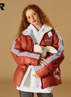 ER字母绣花条纹羽绒服男2025冬潮牌美式复古90白鸭绒保暖短款外套