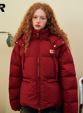 【王栎鑫同款】ER酒红色抽绳连帽羽绒服冬季新款90白鸭绒轻薄外套