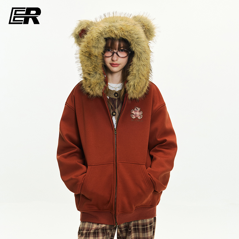 ER小熊绣花毛领卫衣男女秋冬美式加绒潮牌宽松连帽外套情侣装