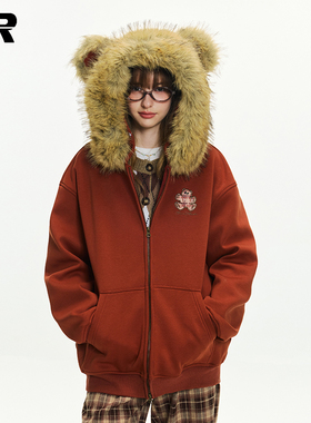 ER小熊绣花毛领卫衣男女秋冬美式加绒潮牌宽松连帽外套情侣装