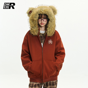 ER小熊绣花毛领卫衣男女秋冬美式加绒潮牌宽松连帽外套情侣装