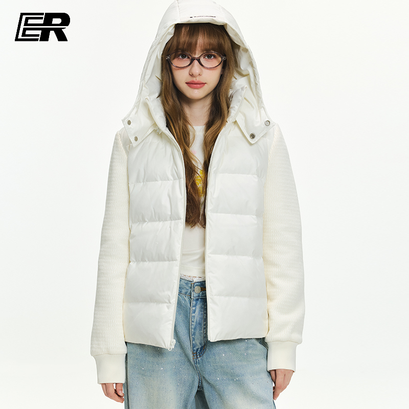 ER针织拼接连帽羽绒外套冬季新款潮牌宽松保暖通勤学生面包服外套
