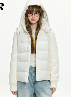 ER针织拼接连帽羽绒外套冬季新款潮牌宽松保暖通勤学生面包服外套