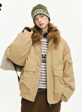 ER真两件毛领羽绒服冬季加厚派克服美式工装夹克外套情侣男女同款