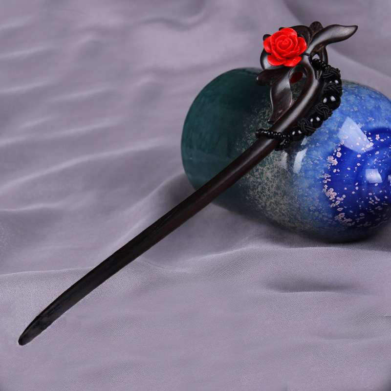 原创中国风发簪古典发饰黑檀木簪子红玫瑰步摇盘发钗头饰礼物饰品