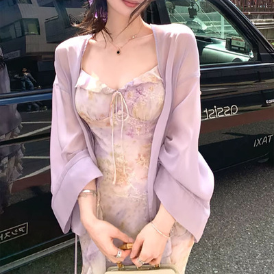 CloudSweet白云甜 纤花问 新中式连衣裙提花刺绣吊带裙夏紫色长裙