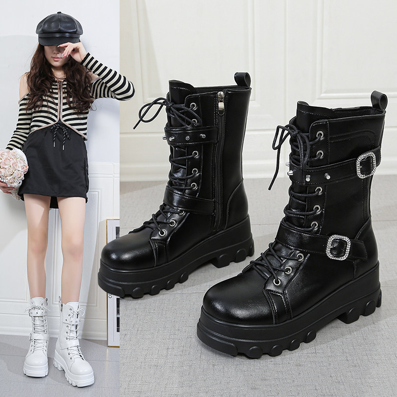 漫展马丁靴女cos增高鞋10厘米机车靴白色厚底增高靴子中筒朋克风