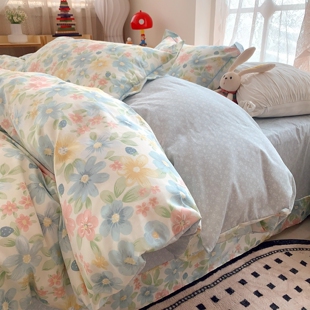 春夏秋凉纯棉全棉100四件套可爱小清新被套床单双人1.8m床品4祼睡
