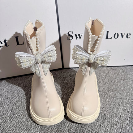女童公主靴2025新款秋冬儿童加绒保暖棉靴中大童女孩蝴蝶结马丁靴