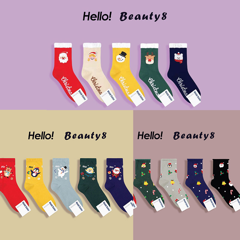 圣诞袜子 可爱红色袜子 雪人 麋鹿 铃铛卡通女袜 秋冬韩国中筒袜