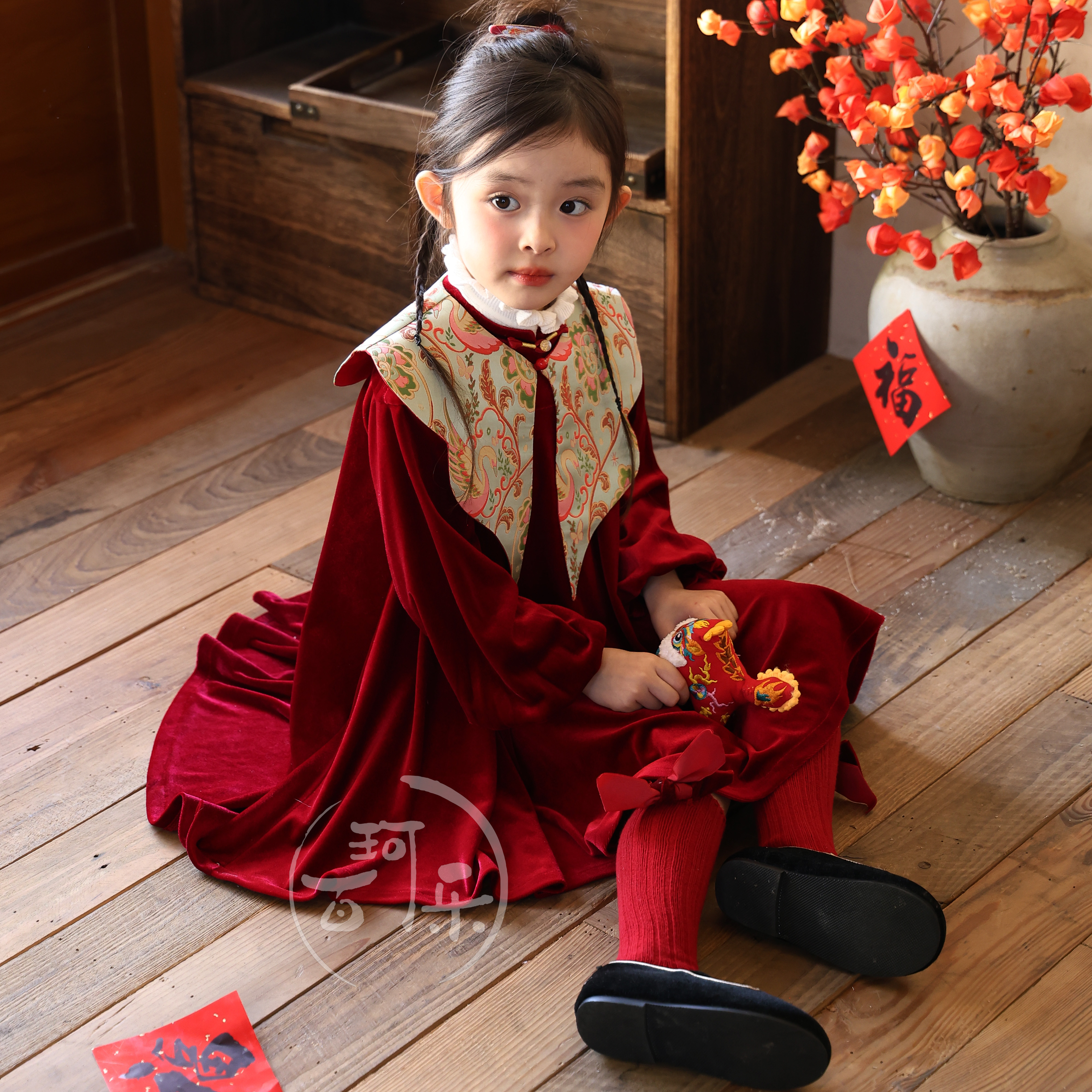 百珂乐女童中式周岁新年礼服裙