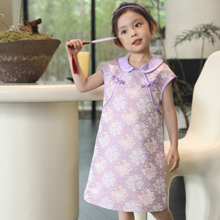 百珂乐女童新中式连衣裙女宝中秋玉兔紫改良旗袍裙女宝周岁礼服裙