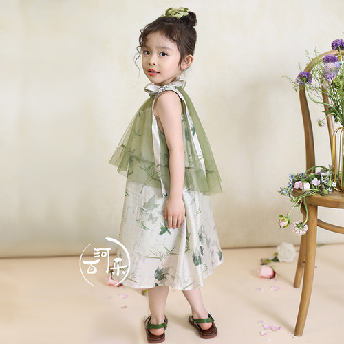 百珂乐2026新款女童新中式连衣裙蝴蝶印花天丝亚麻女宝中国风裙子