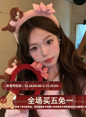 新年可爱蝴蝶结腊肠狗毛绒发箍女洗脸束发带发卡红色发卡头箍发饰