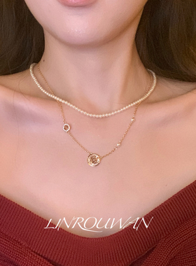 钱币闪锆珍珠双层叠戴项链