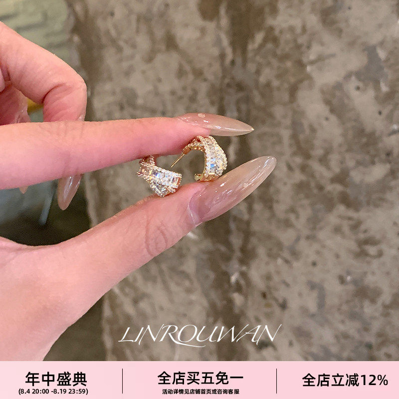 韩范欧尼 交叉梯形方钻耳钉925纯银耳饰小众高级感轻奢风甜美百搭