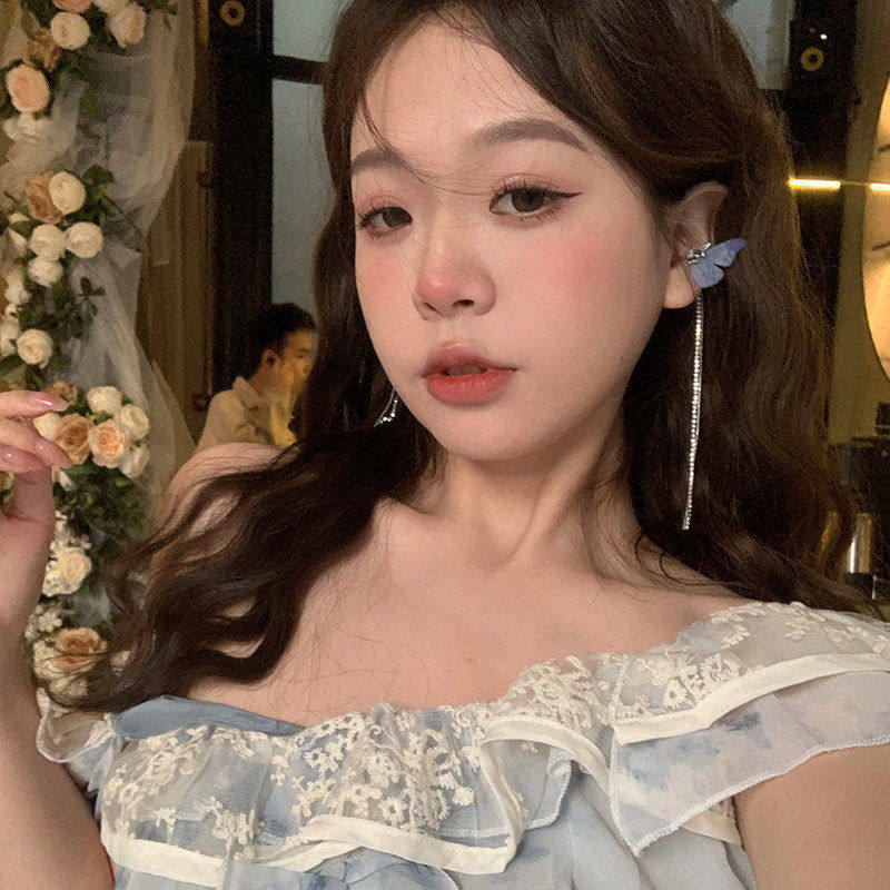 超仙精灵耳紫色镶钻蝴蝶流苏耳夹女无耳洞耳骨夹高级感耳挂耳饰