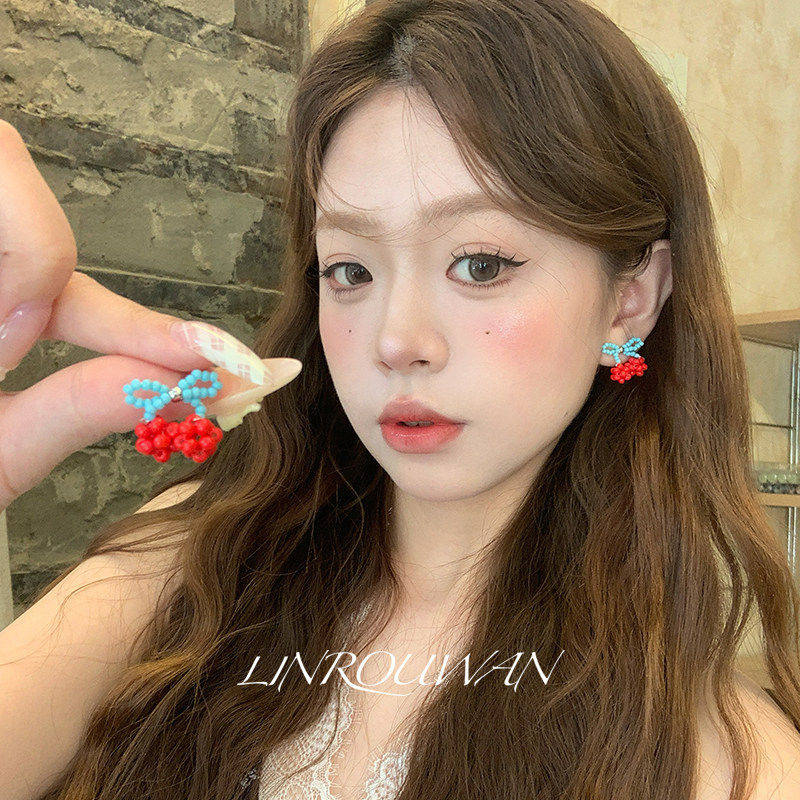 夏日乐悠悠手工串珠小樱桃甜美可爱温柔耳钉小众复古设计日系耳环