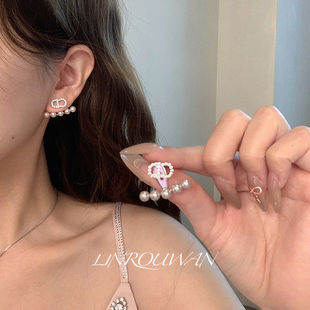 贵气女神字母CD闪锆耳环后挂式曼塔玫瑰仿珍珠耳钉轻奢高级感耳饰