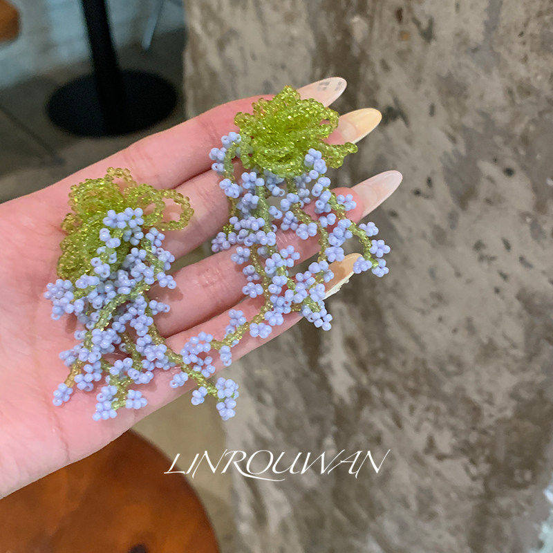 满园春色 手工串珠流苏花海瀑布耳钉女清新减龄春季元气少女耳夹