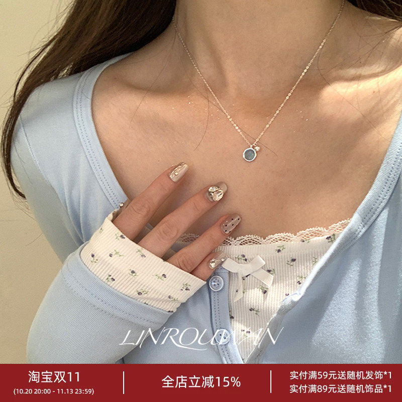 纯银清新海蓝宝项链女