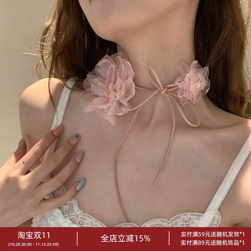 奔赴花期 薄纱花朵双项链女轻奢小众复古甜美百搭choker系带颈链