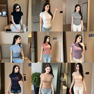 希野逸儿/蛮腰大胸基础T恤半领莫代尔短袖T恤女修身收腰辣妹上衣