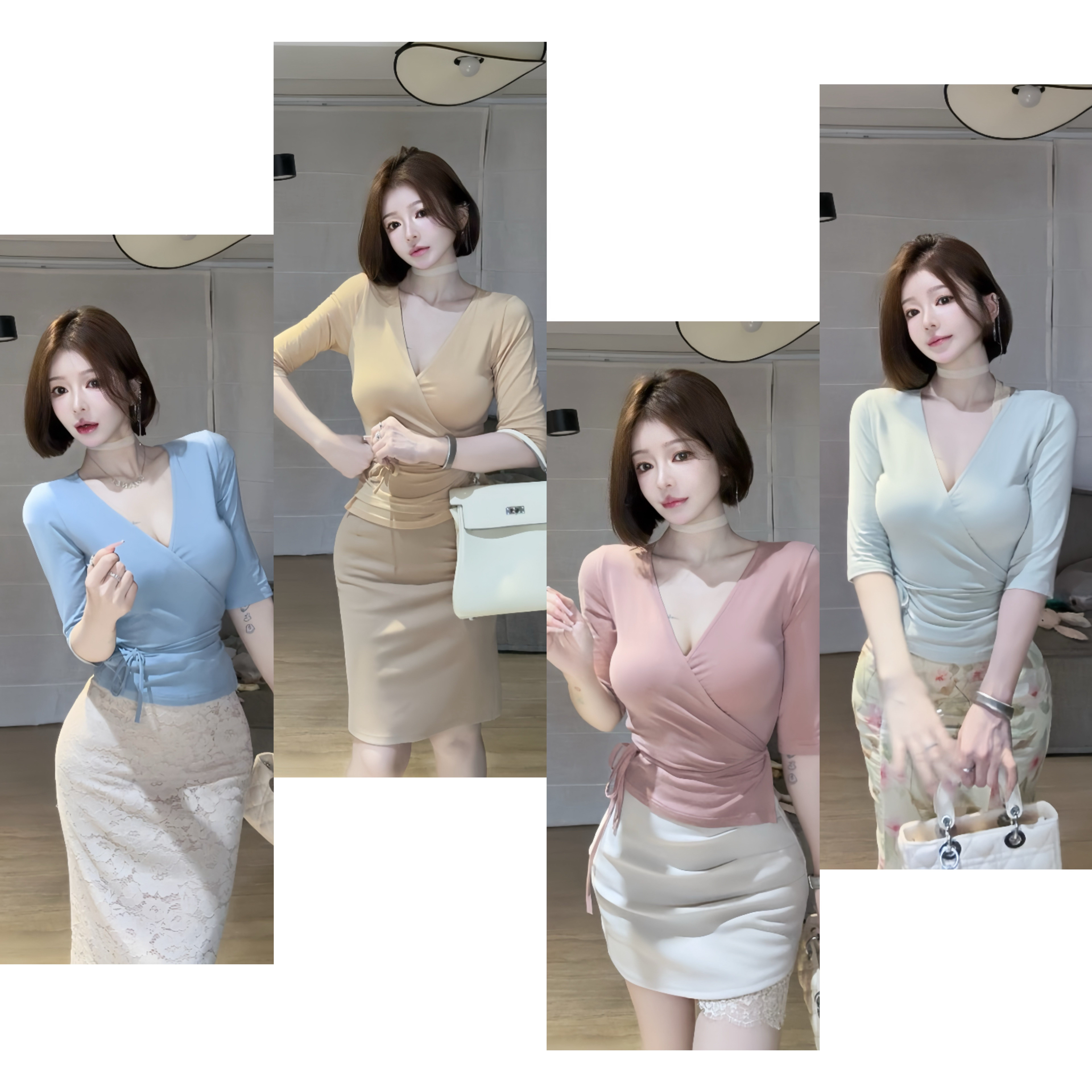 希野逸儿/性感纯欲V领交叉绑带T恤上衣修身显瘦短款薄款开衫夏