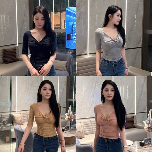 纯欲扭结v领修身上衣中袖打底衫