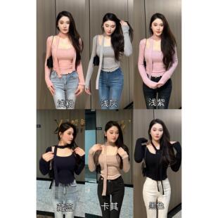 配飘带2025秋冬 纯欲性感显瘦小衫 希野逸儿 韩系方领显胸磨毛长袖