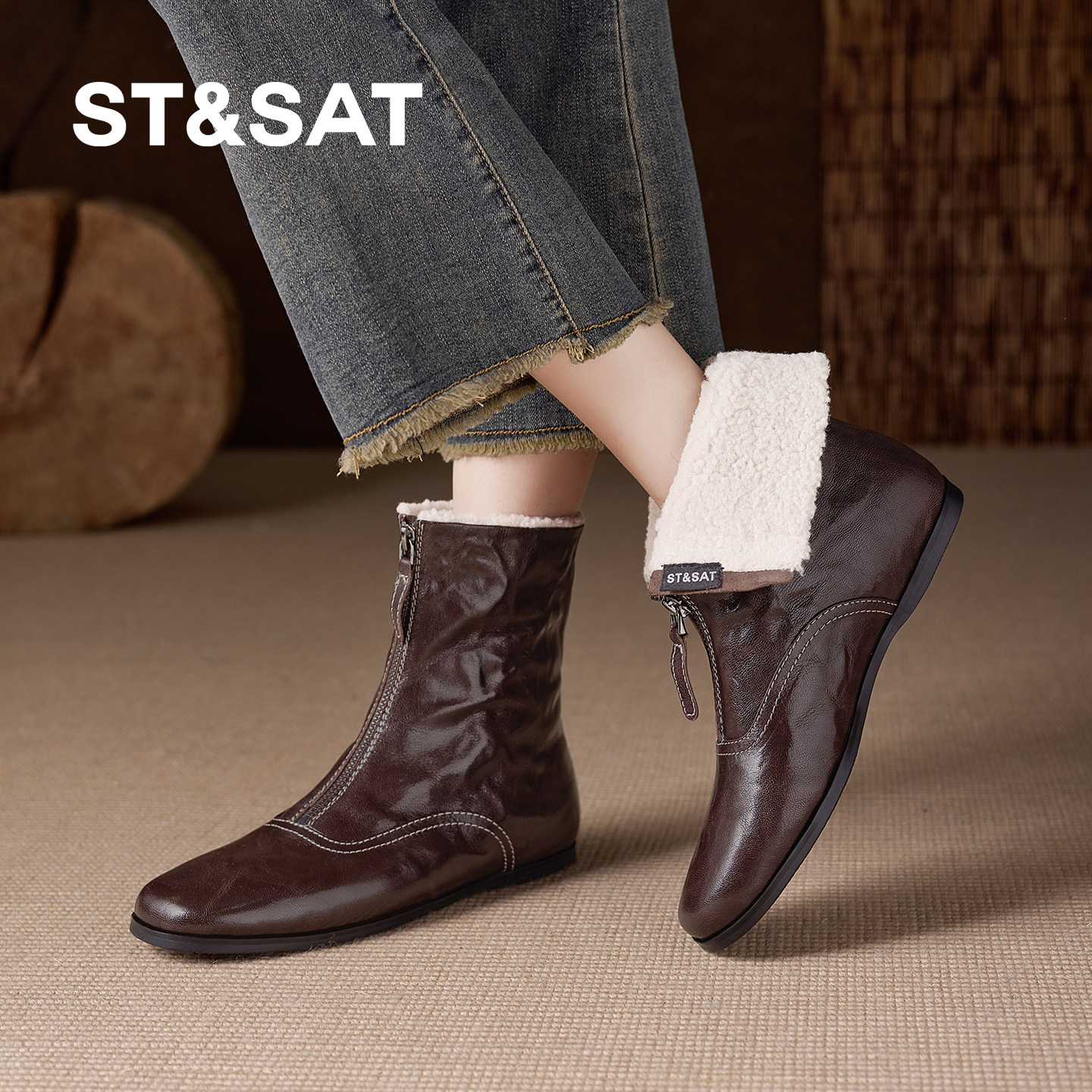 星期六真皮短靴女冬季加绒保暖拉链平底瘦瘦靴炸街高级感时装靴,女鞋,时装靴,淘宝优惠券,粉丝福利购,淘宝优惠卷
