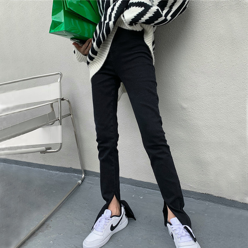 港风黑色微喇叭牛仔裤女高腰显瘦直筒开叉弹力春秋百搭修身拖地裤