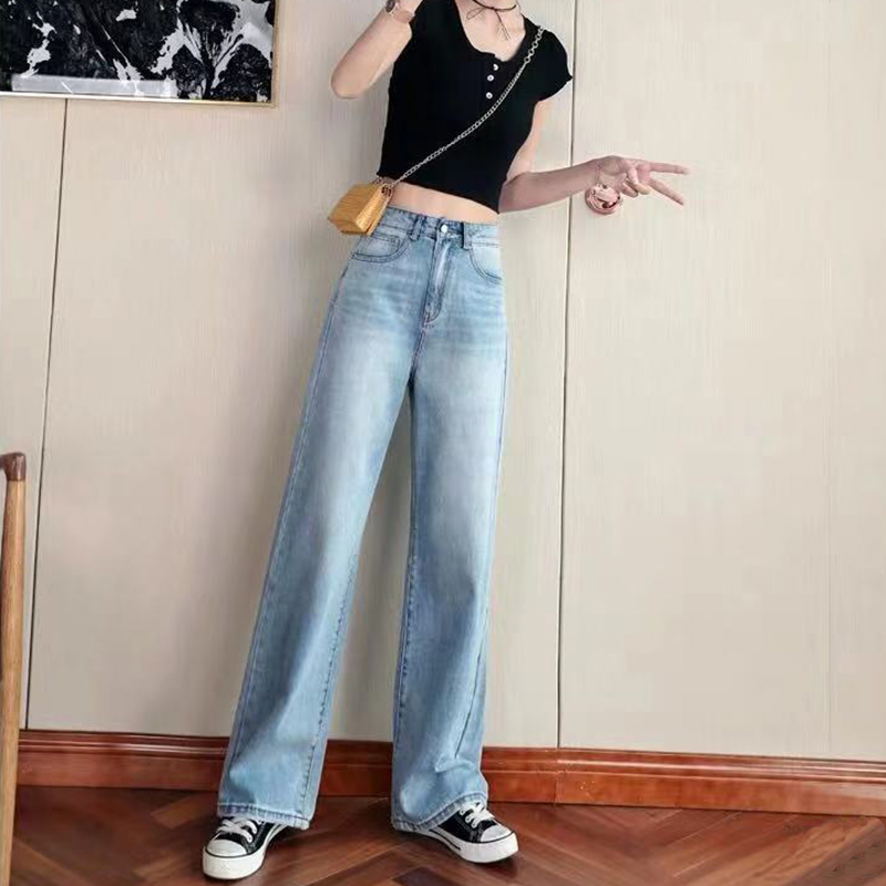 清仓浅蓝色阔腿牛仔裤女2025春季新款复古做旧长裤高腰宽松直筒裤